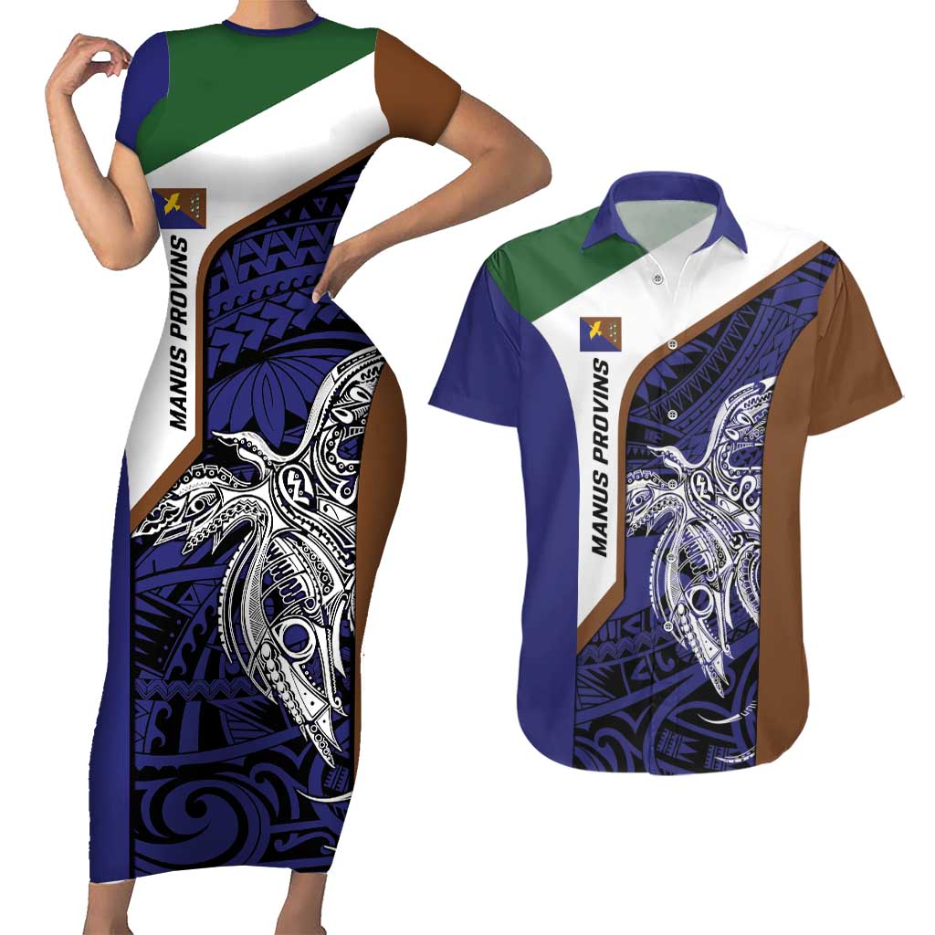 Personalised PNG Manus Province Couples Matching Short Sleeve Bodycon Dress and Hawaiian Shirt Bird of Paradise Tattoo Flag Motif - Polynesian Pride