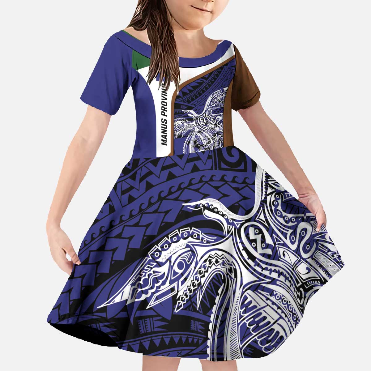 Personalised PNG Manus Province Family Matching Off The Shoulder Long Sleeve Dress and Hawaiian Shirt Bird of Paradise Tattoo Flag Motif - Polynesian Pride