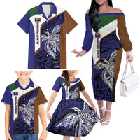 Personalised PNG Manus Province Family Matching Off The Shoulder Long Sleeve Dress and Hawaiian Shirt Bird of Paradise Tattoo Flag Motif - Polynesian Pride