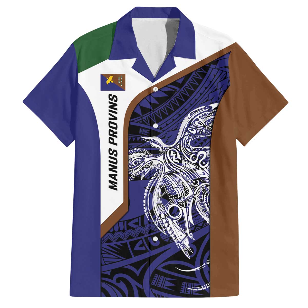 Personalised PNG Manus Province Family Matching Off The Shoulder Long Sleeve Dress and Hawaiian Shirt Bird of Paradise Tattoo Flag Motif - Polynesian Pride