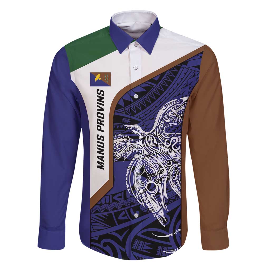 Personalised PNG Manus Province Family Matching Off Shoulder Short Dress and Hawaiian Shirt Bird of Paradise Tattoo Flag Motif LT9 Dad's Shirt - Long Sleeve Blue - Polynesian Pride