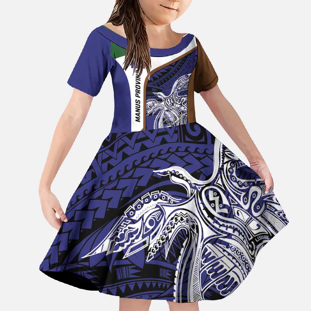 Personalised PNG Manus Province Family Matching Summer Maxi Dress and Hawaiian Shirt Bird of Paradise Tattoo Flag Motif LT9 Daughter's Dress Blue - Polynesian Pride