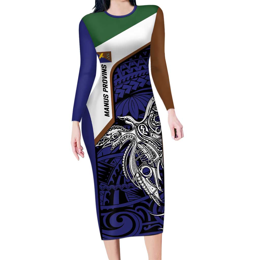 Personalised PNG Manus Province Long Sleeve Bodycon Dress Bird of Paradise Tattoo Flag Motif - Polynesian Pride