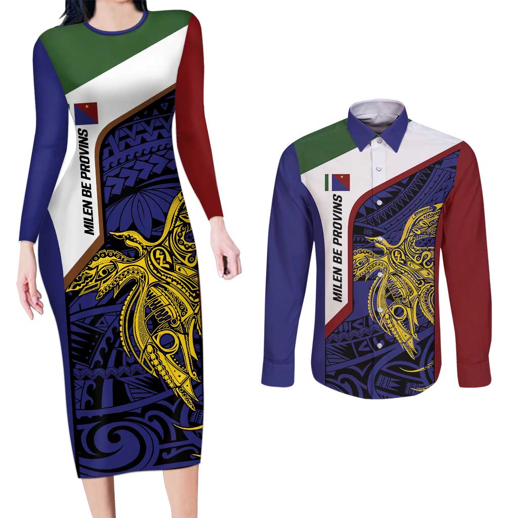 Personalised PNG Milne Bay Province Couples Matching Long Sleeve Bodycon Dress and Long Sleeve Button Shirt Bird of Paradise Tattoo Flag Motif LT9 Blue - Polynesian Pride