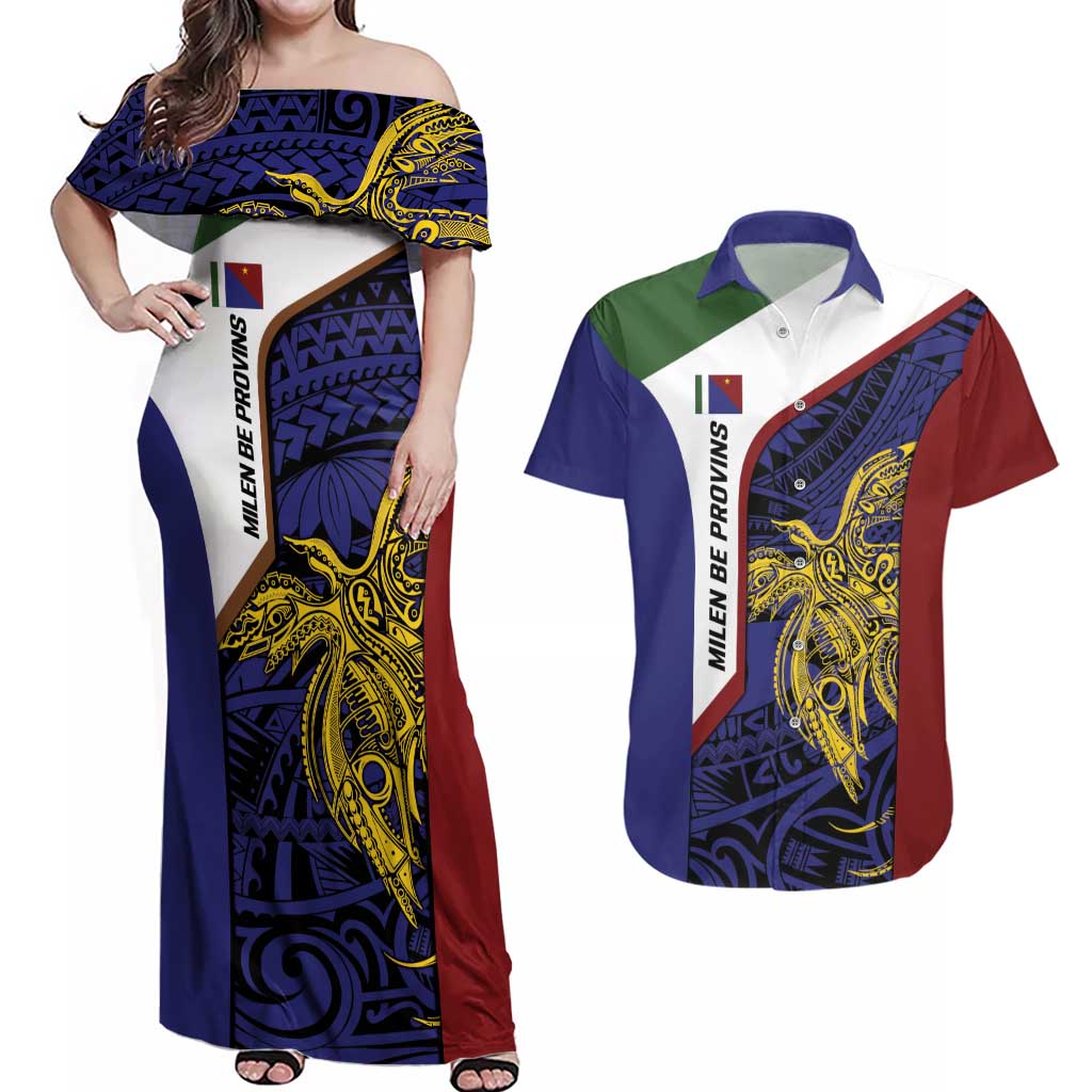 Personalised PNG Milne Bay Province Couples Matching Off Shoulder Maxi Dress and Hawaiian Shirt Bird of Paradise Tattoo Flag Motif - Polynesian Pride