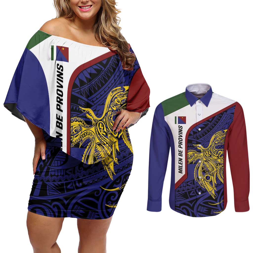 Personalised PNG Milne Bay Province Couples Matching Off Shoulder Short Dress and Long Sleeve Button Shirt Bird of Paradise Tattoo Flag Motif - Polynesian Pride