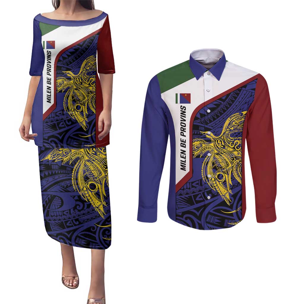 Personalised PNG Milne Bay Province Couples Matching Puletasi and Long Sleeve Button Shirt Bird of Paradise Tattoo Flag Motif - Polynesian Pride