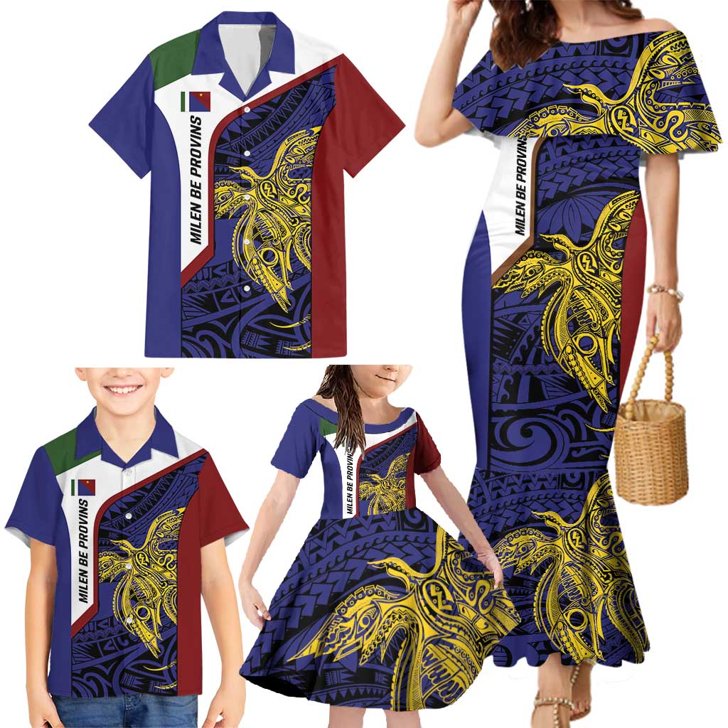 Personalised PNG Milne Bay Province Family Matching Mermaid Dress and Hawaiian Shirt Bird of Paradise Tattoo Flag Motif - Polynesian Pride