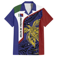 Personalised PNG Milne Bay Province Family Matching Off Shoulder Short Dress and Hawaiian Shirt Bird of Paradise Tattoo Flag Motif LT9 Dad's Shirt - Short Sleeve Blue - Polynesian Pride