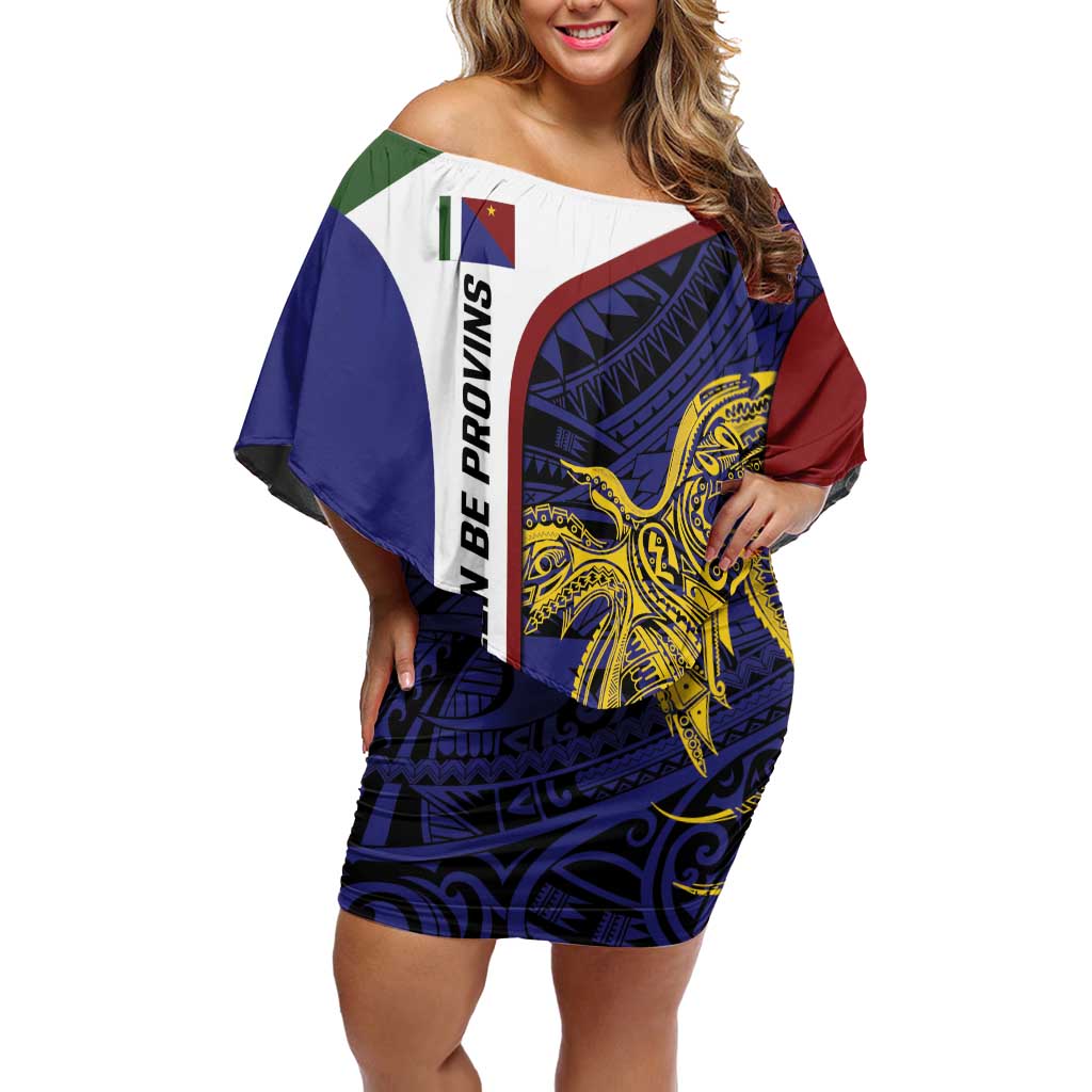 Personalised PNG Milne Bay Province Family Matching Off Shoulder Short Dress and Hawaiian Shirt Bird of Paradise Tattoo Flag Motif LT9 Mom's Dress Blue - Polynesian Pride
