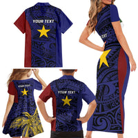 Personalised PNG Milne Bay Province Family Matching Short Sleeve Bodycon Dress and Hawaiian Shirt Bird of Paradise Tattoo Flag Motif - Polynesian Pride