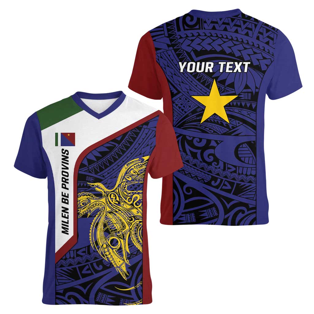 Personalised PNG Milne Bay Province Women V-Neck T-Shirt Bird of Paradise Tattoo Flag Motif - Polynesian Pride