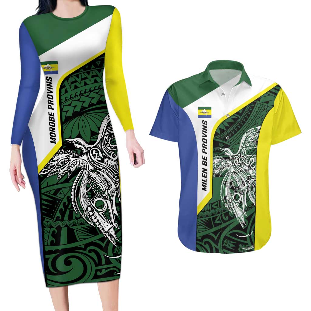 Personalised PNG Morobe Province Couples Matching Long Sleeve Bodycon Dress and Hawaiian Shirt Bird of Paradise Tattoo Flag Motif - Polynesian Pride