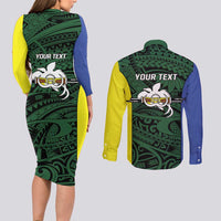 Personalised PNG Morobe Province Couples Matching Long Sleeve Bodycon Dress and Long Sleeve Button Shirt Bird of Paradise Tattoo Flag Motif - Polynesian Pride