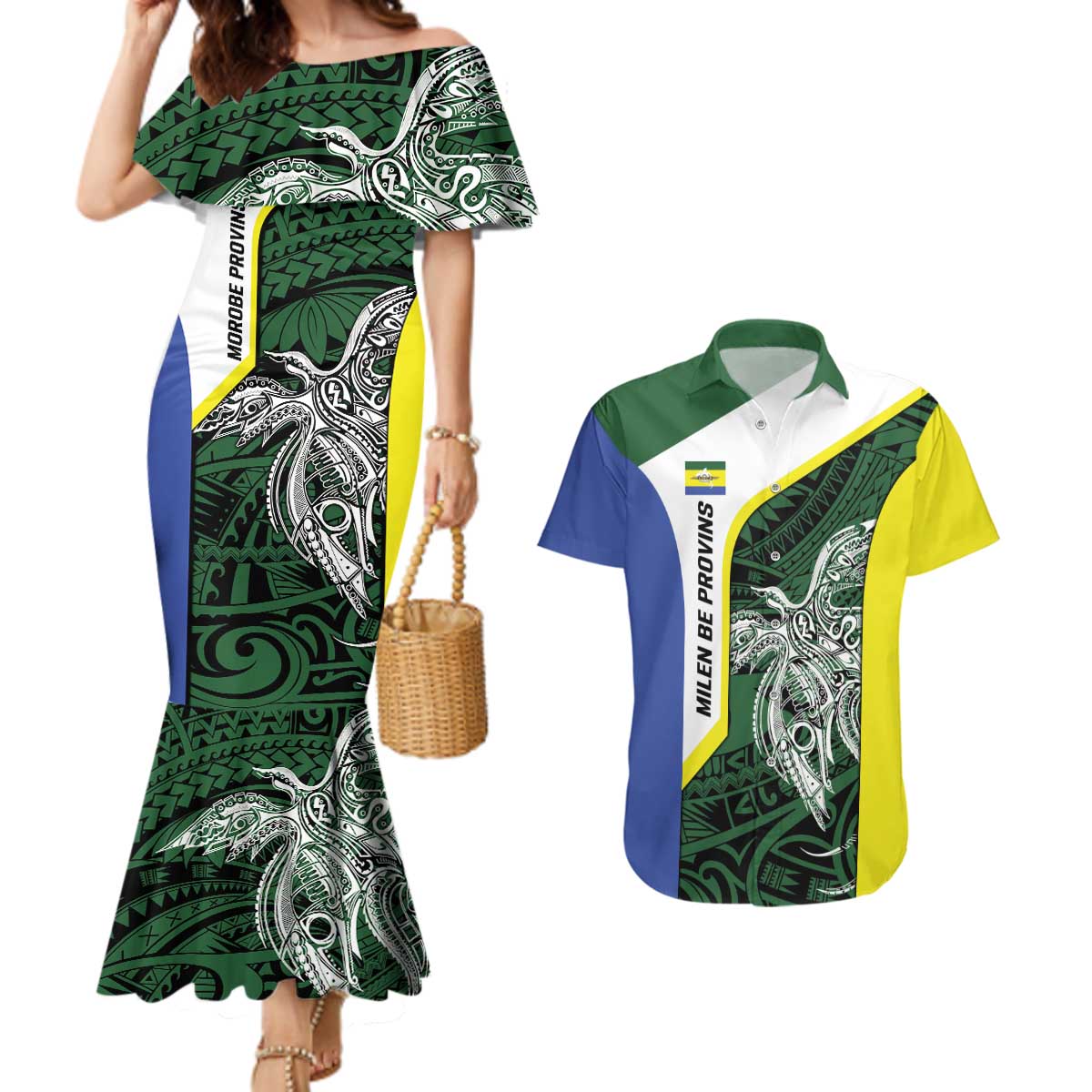 Personalised PNG Morobe Province Couples Matching Mermaid Dress and Hawaiian Shirt Bird of Paradise Tattoo Flag Motif - Polynesian Pride