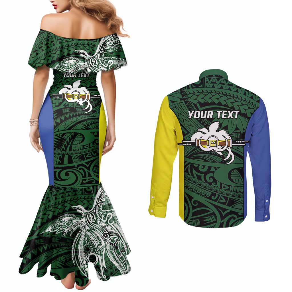 Personalised PNG Morobe Province Couples Matching Mermaid Dress and Long Sleeve Button Shirt Bird of Paradise Tattoo Flag Motif - Polynesian Pride