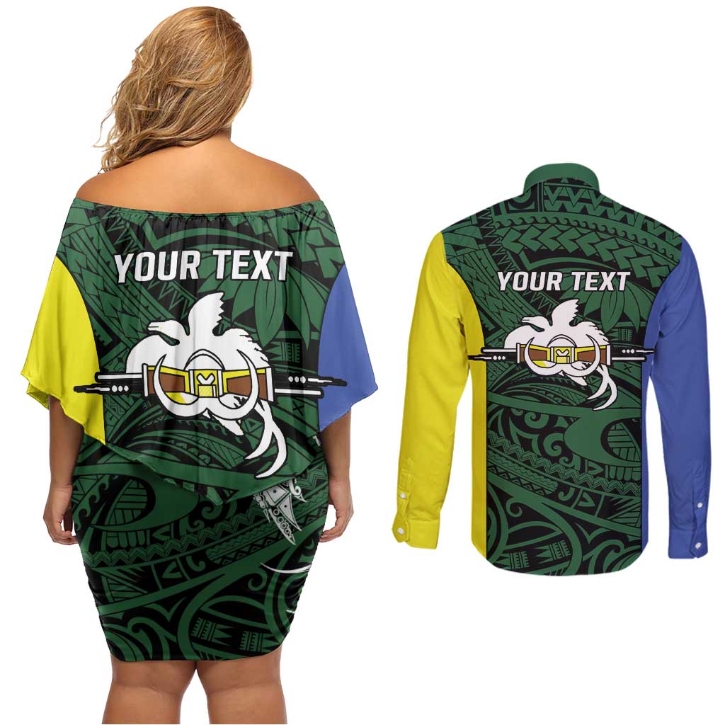 Personalised PNG Morobe Province Couples Matching Off Shoulder Short Dress and Long Sleeve Button Shirt Bird of Paradise Tattoo Flag Motif - Polynesian Pride