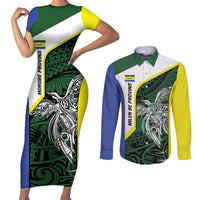 Personalised PNG Morobe Province Couples Matching Short Sleeve Bodycon Dress and Long Sleeve Button Shirt Bird of Paradise Tattoo Flag Motif - Polynesian Pride