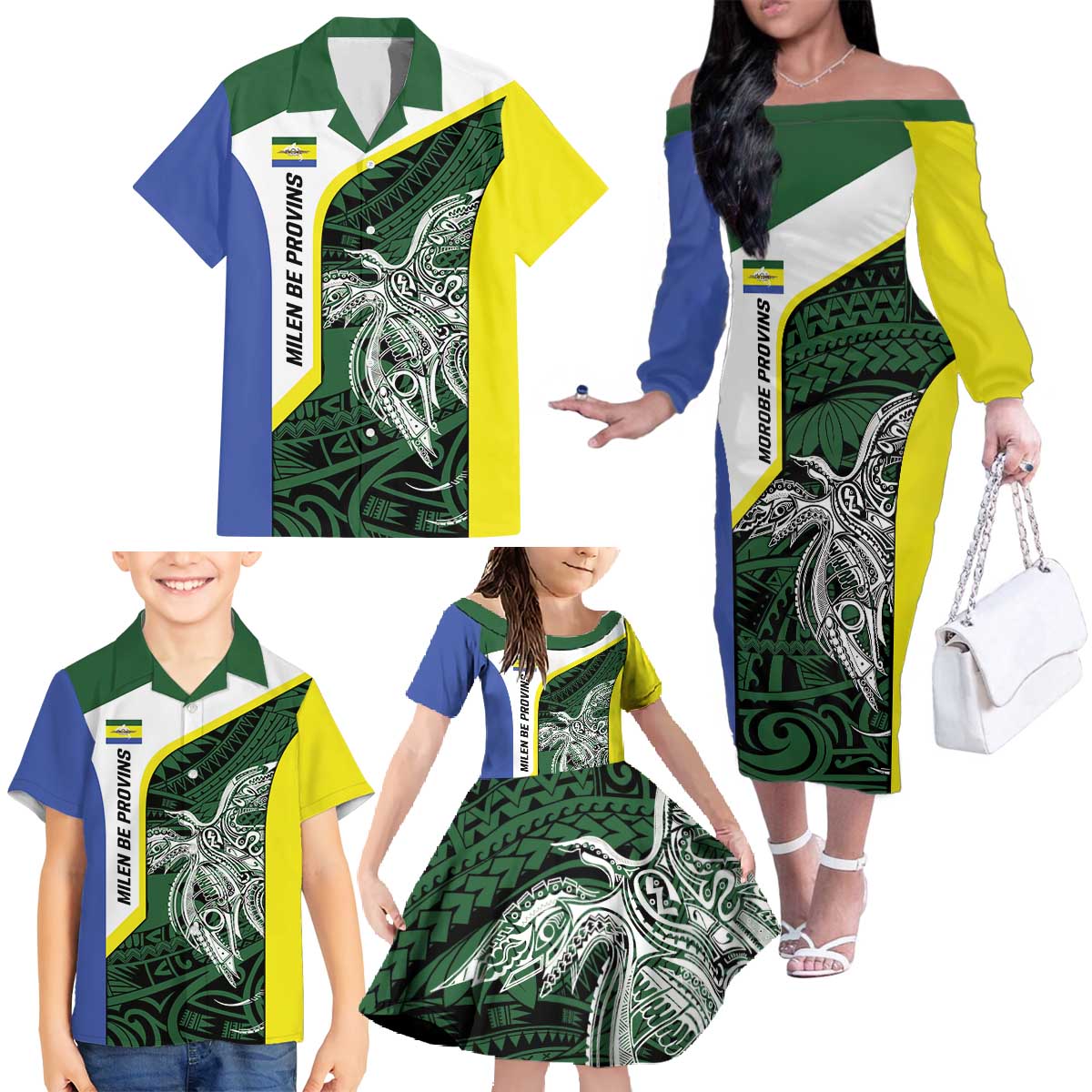 Personalised PNG Morobe Province Family Matching Off The Shoulder Long Sleeve Dress and Hawaiian Shirt Bird of Paradise Tattoo Flag Motif - Polynesian Pride