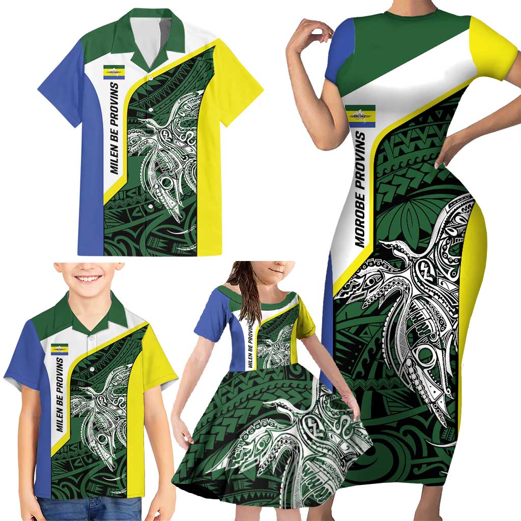 Personalised PNG Morobe Province Family Matching Short Sleeve Bodycon Dress and Hawaiian Shirt Bird of Paradise Tattoo Flag Motif - Polynesian Pride