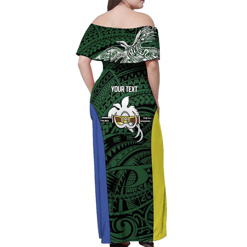 Personalised PNG Morobe Province Off Shoulder Maxi Dress Bird of Paradise Tattoo Flag Motif - Polynesian Pride