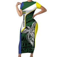 Personalised PNG Morobe Province Short Sleeve Bodycon Dress Bird of Paradise Tattoo Flag Motif - Polynesian Pride