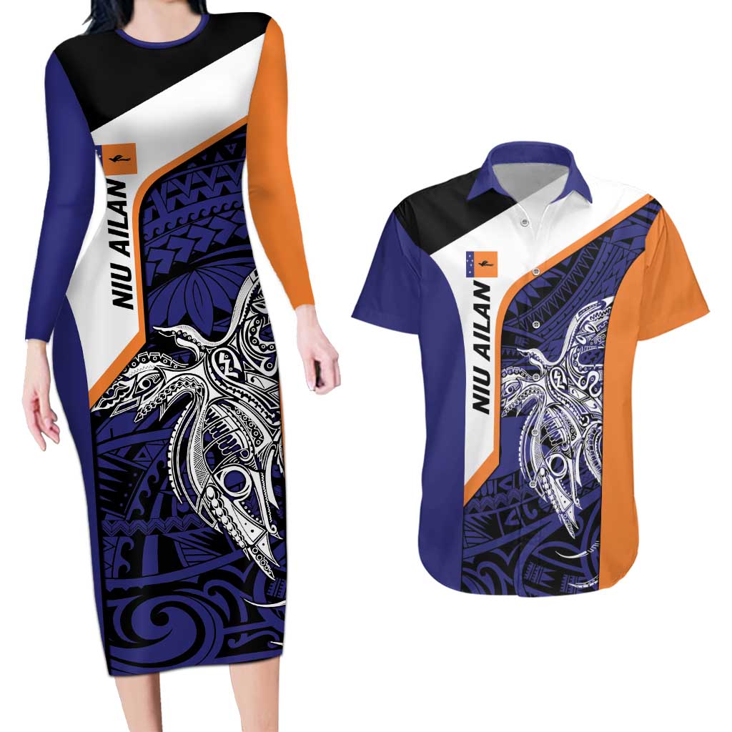 Personalised PNG New Ireland Couples Matching Long Sleeve Bodycon Dress and Hawaiian Shirt Bird of Paradise Tattoo Flag Motif - Polynesian Pride