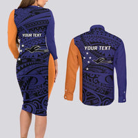 Personalised PNG New Ireland Couples Matching Long Sleeve Bodycon Dress and Long Sleeve Button Shirt Bird of Paradise Tattoo Flag Motif - Polynesian Pride