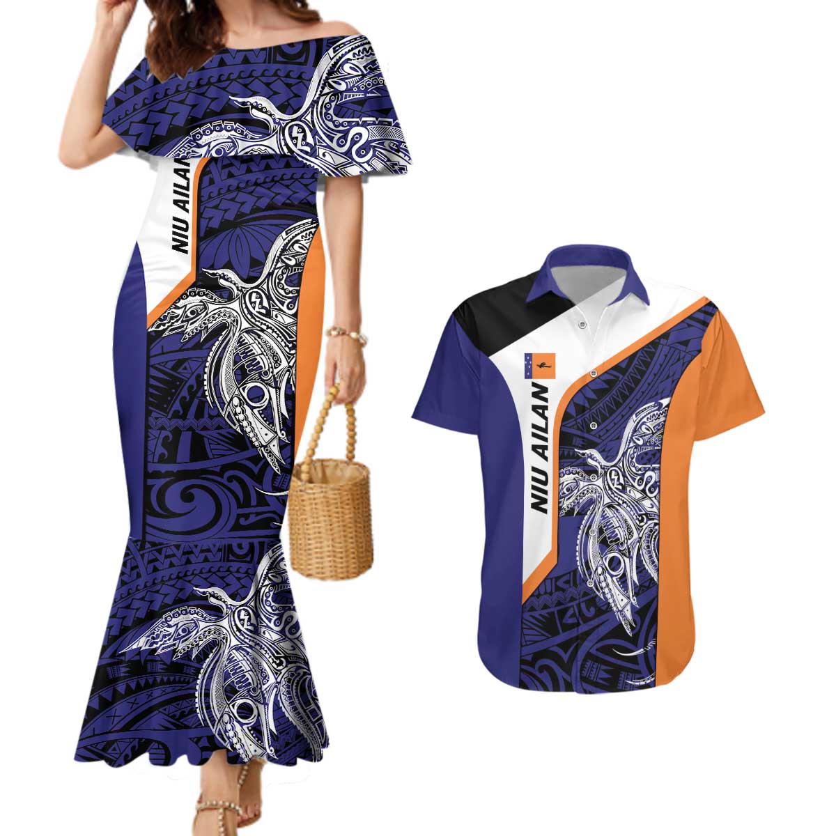 Personalised PNG New Ireland Couples Matching Mermaid Dress and Hawaiian Shirt Bird of Paradise Tattoo Flag Motif - Polynesian Pride