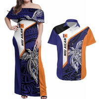 Personalised PNG New Ireland Couples Matching Off Shoulder Maxi Dress and Hawaiian Shirt Bird of Paradise Tattoo Flag Motif - Polynesian Pride