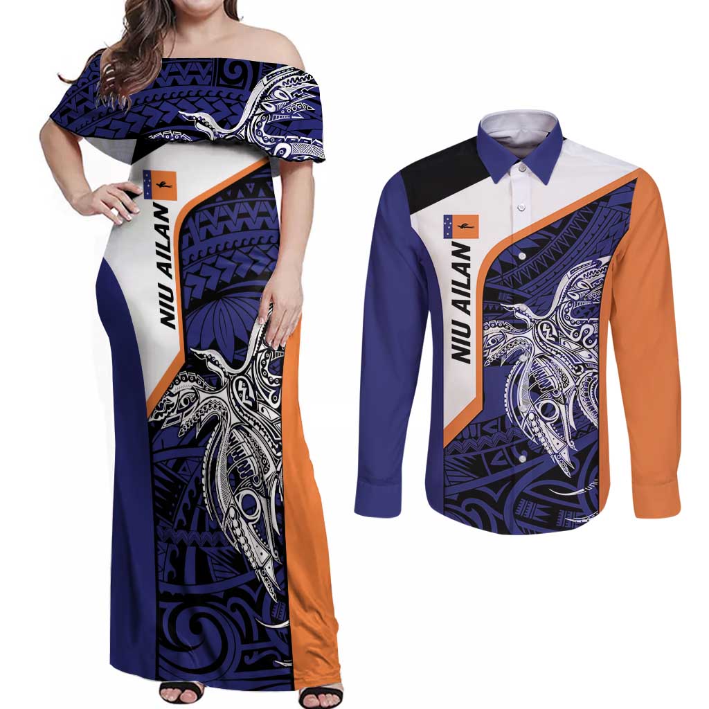 Personalised PNG New Ireland Couples Matching Off Shoulder Maxi Dress and Long Sleeve Button Shirt Bird of Paradise Tattoo Flag Motif LT9 Orange - Polynesian Pride