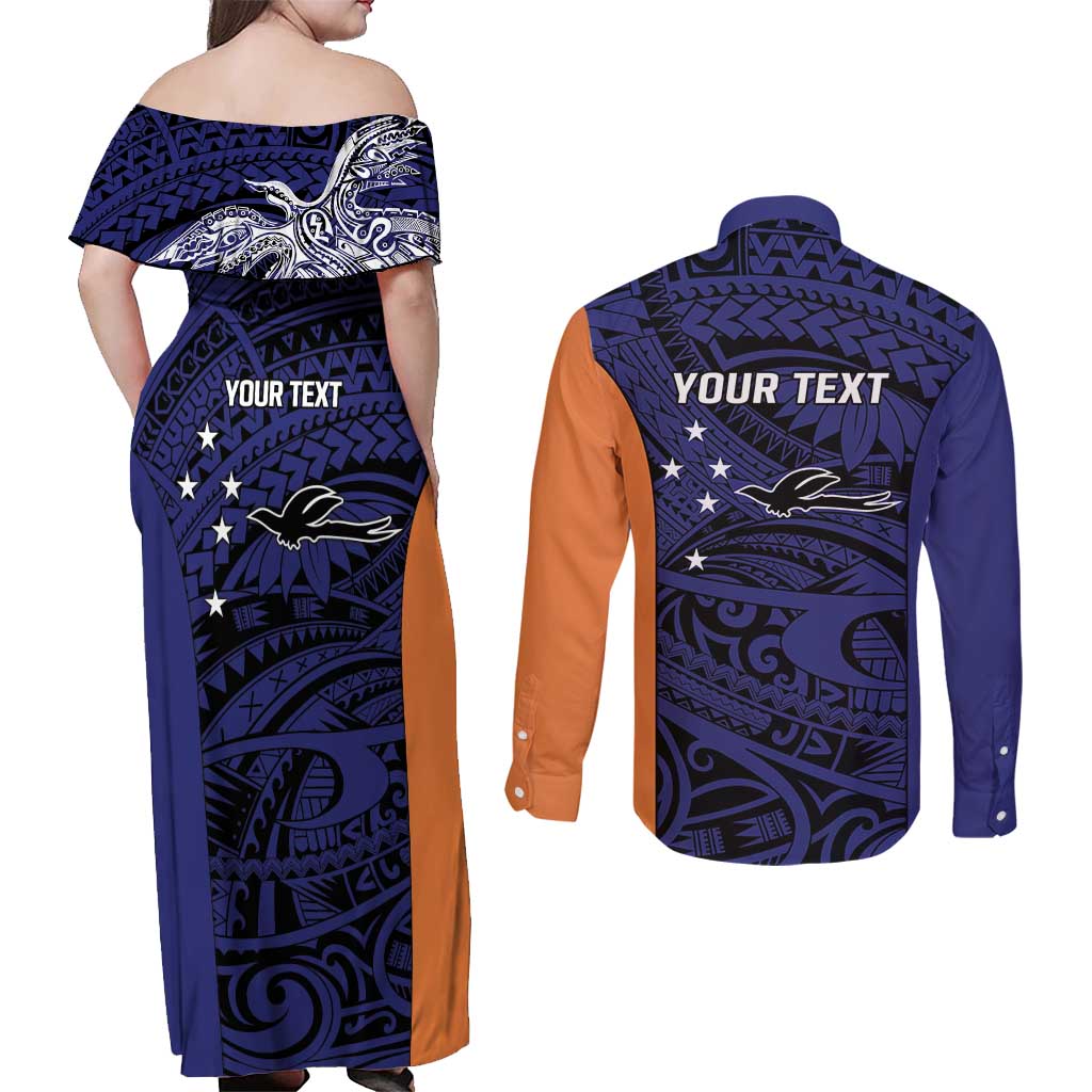 Personalised PNG New Ireland Couples Matching Off Shoulder Maxi Dress and Long Sleeve Button Shirt Bird of Paradise Tattoo Flag Motif - Polynesian Pride