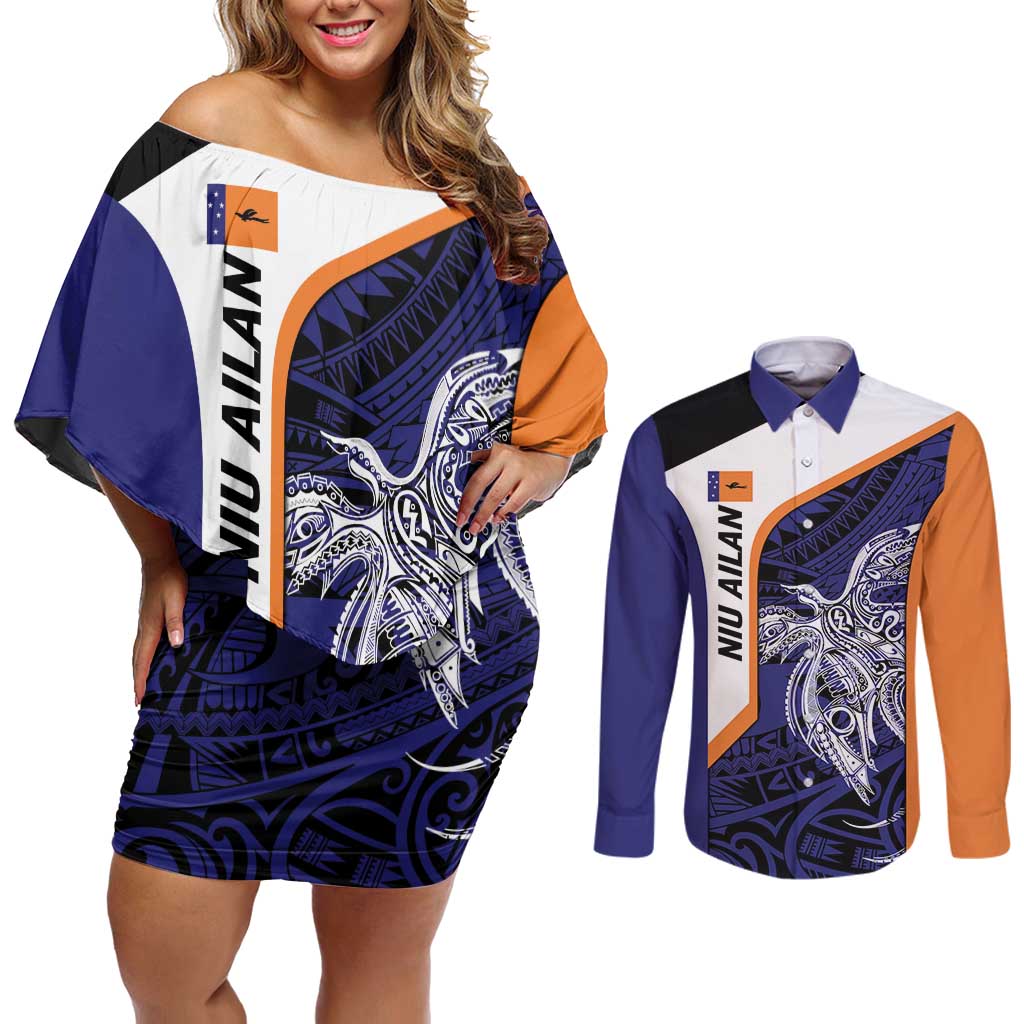 Personalised PNG New Ireland Couples Matching Off Shoulder Short Dress and Long Sleeve Button Shirt Bird of Paradise Tattoo Flag Motif - Polynesian Pride