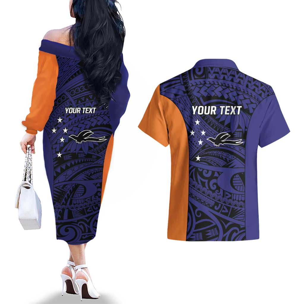 Personalised PNG New Ireland Couples Matching Off The Shoulder Long Sleeve Dress and Hawaiian Shirt Bird of Paradise Tattoo Flag Motif - Polynesian Pride