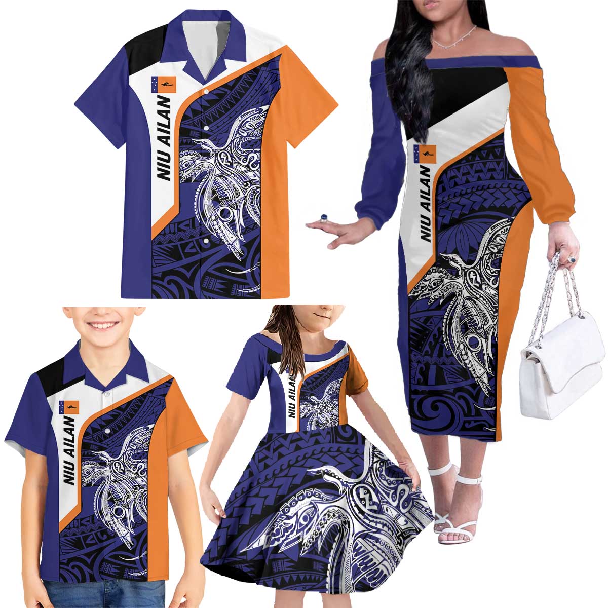 Personalised PNG New Ireland Family Matching Off The Shoulder Long Sleeve Dress and Hawaiian Shirt Bird of Paradise Tattoo Flag Motif - Polynesian Pride