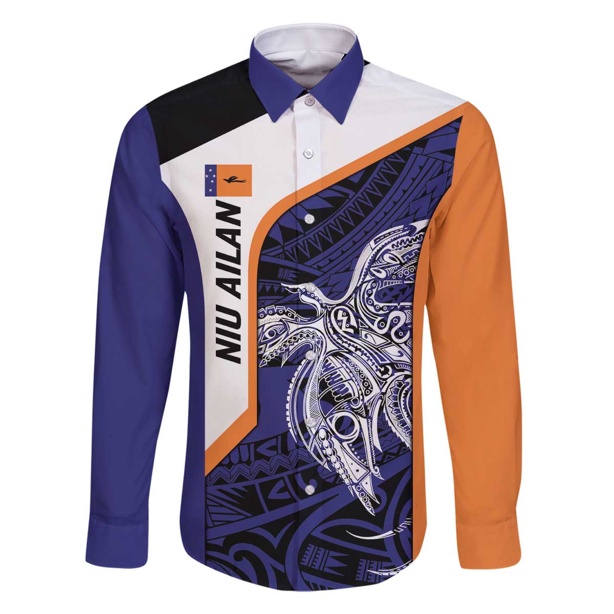 Personalised PNG New Ireland Family Matching Off The Shoulder Long Sleeve Dress and Hawaiian Shirt Bird of Paradise Tattoo Flag Motif - Polynesian Pride