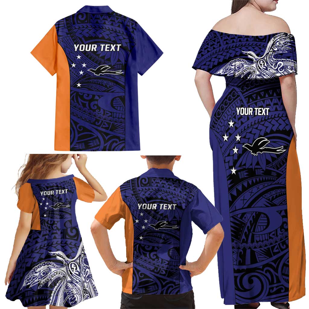 Personalised PNG New Ireland Family Matching Off Shoulder Maxi Dress and Hawaiian Shirt Bird of Paradise Tattoo Flag Motif - Polynesian Pride