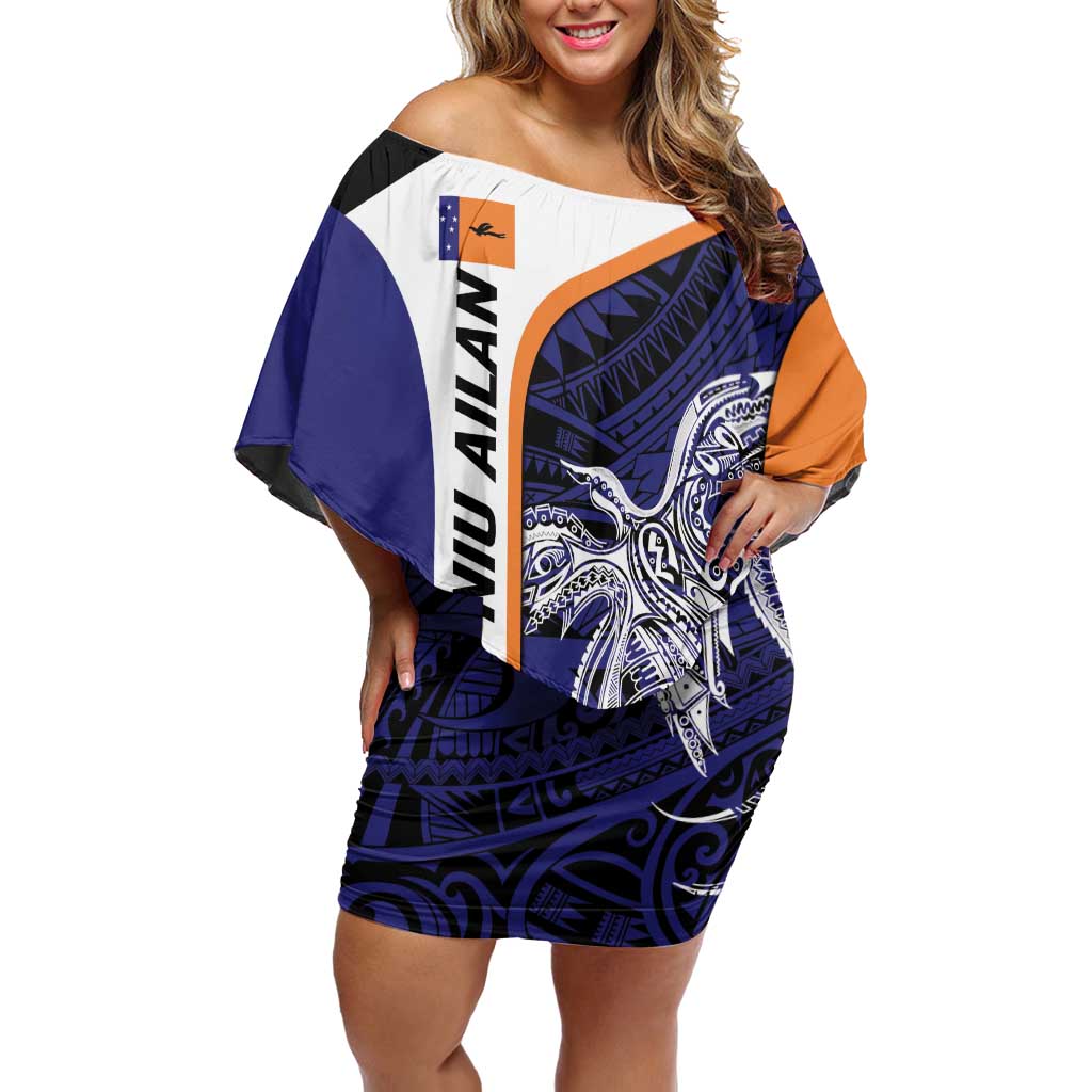 Personalised PNG New Ireland Off Shoulder Short Dress Bird of Paradise Tattoo Flag Motif - Polynesian Pride