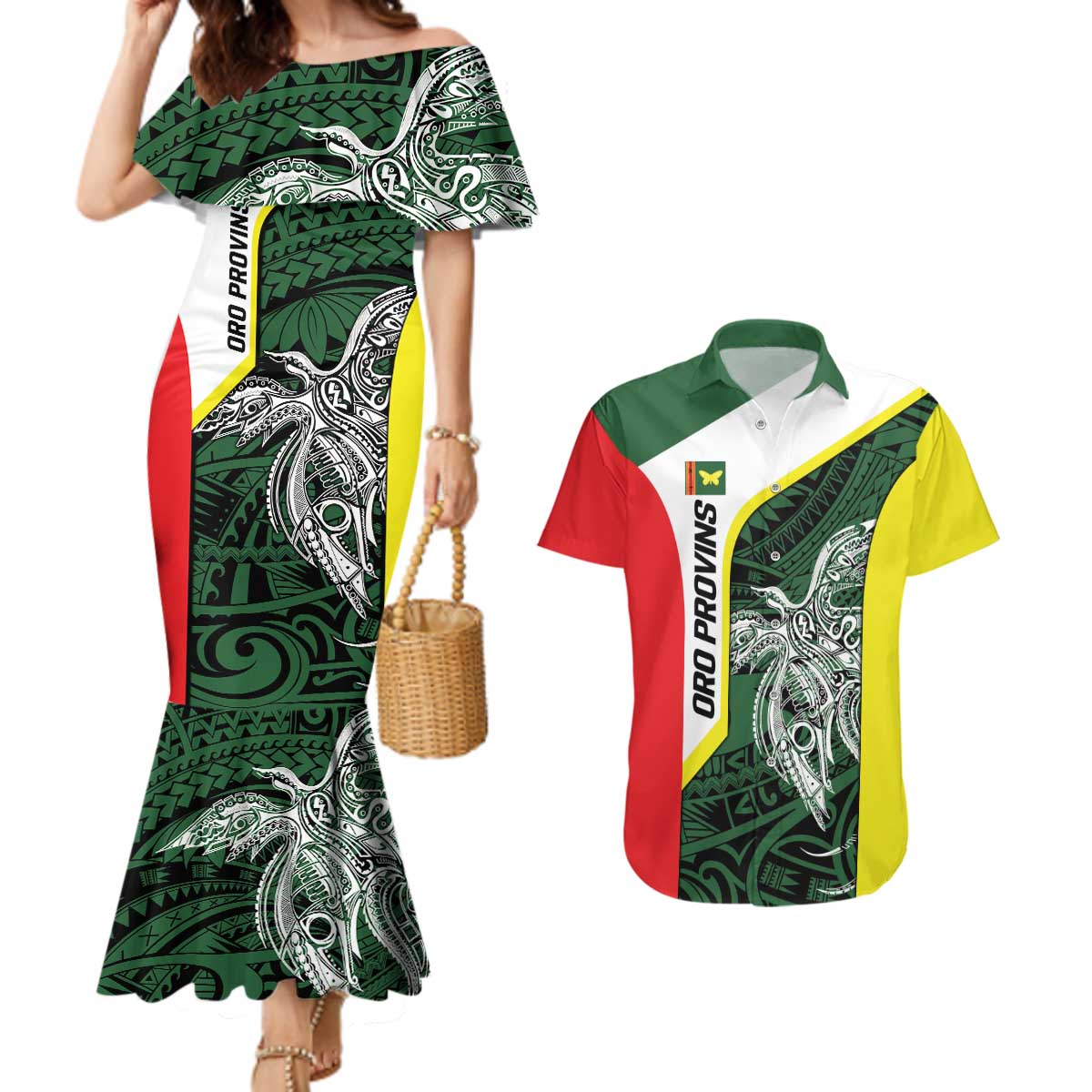 Personalised PNG Oro Province Couples Matching Mermaid Dress and Hawaiian Shirt Bird of Paradise Tattoo Flag Motif - Polynesian Pride