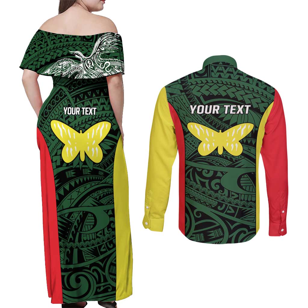 Personalised PNG Oro Province Couples Matching Off Shoulder Maxi Dress and Long Sleeve Button Shirt Bird of Paradise Tattoo Flag Motif - Polynesian Pride