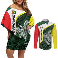 Personalised PNG Oro Province Couples Matching Off Shoulder Short Dress and Long Sleeve Button Shirt Bird of Paradise Tattoo Flag Motif - Polynesian Pride
