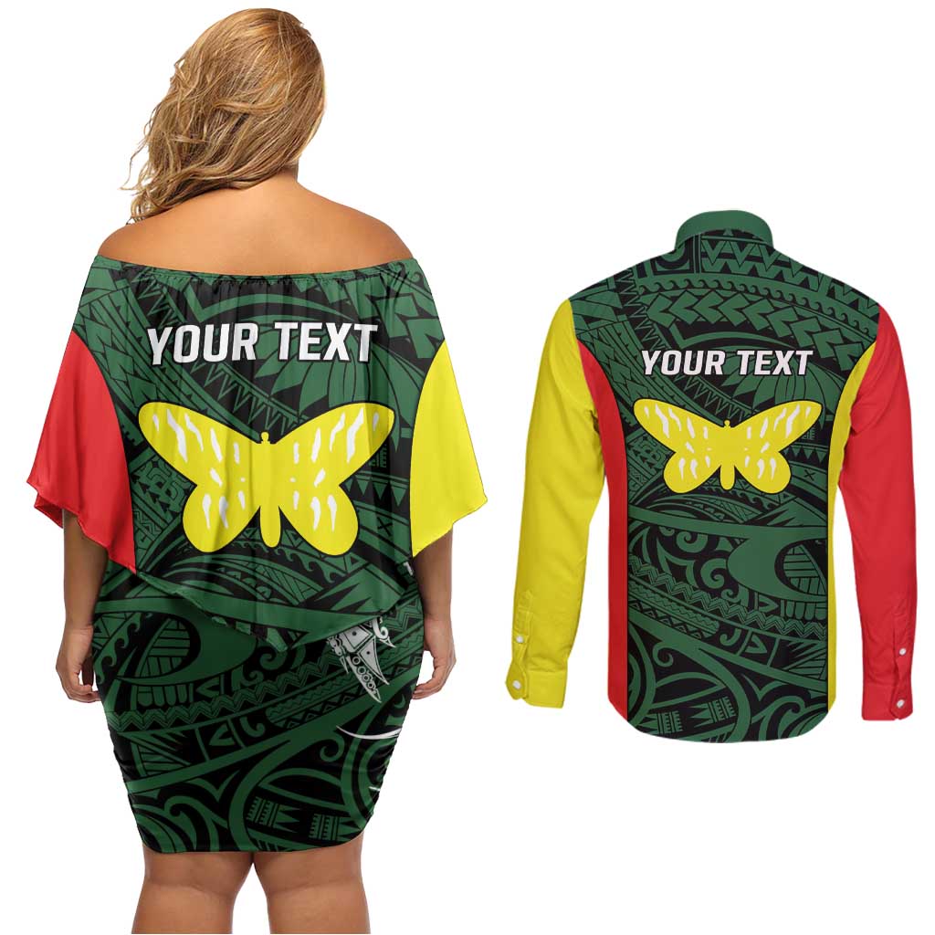Personalised PNG Oro Province Couples Matching Off Shoulder Short Dress and Long Sleeve Button Shirt Bird of Paradise Tattoo Flag Motif - Polynesian Pride