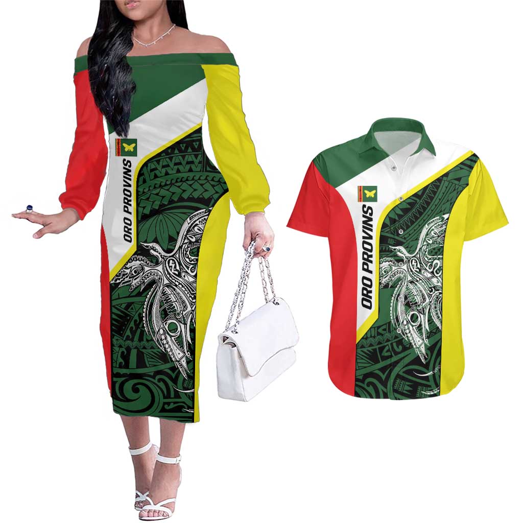 Personalised PNG Oro Province Couples Matching Off The Shoulder Long Sleeve Dress and Hawaiian Shirt Bird of Paradise Tattoo Flag Motif - Polynesian Pride
