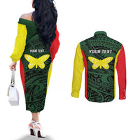 Personalised PNG Oro Province Couples Matching Off The Shoulder Long Sleeve Dress and Long Sleeve Button Shirt Bird of Paradise Tattoo Flag Motif - Polynesian Pride