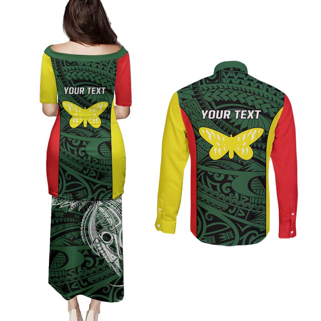 Personalised PNG Oro Province Couples Matching Puletasi and Long Sleeve Button Shirt Bird of Paradise Tattoo Flag Motif - Polynesian Pride