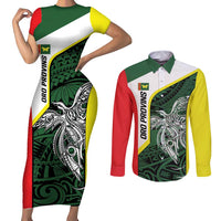 Personalised PNG Oro Province Couples Matching Short Sleeve Bodycon Dress and Long Sleeve Button Shirt Bird of Paradise Tattoo Flag Motif - Polynesian Pride