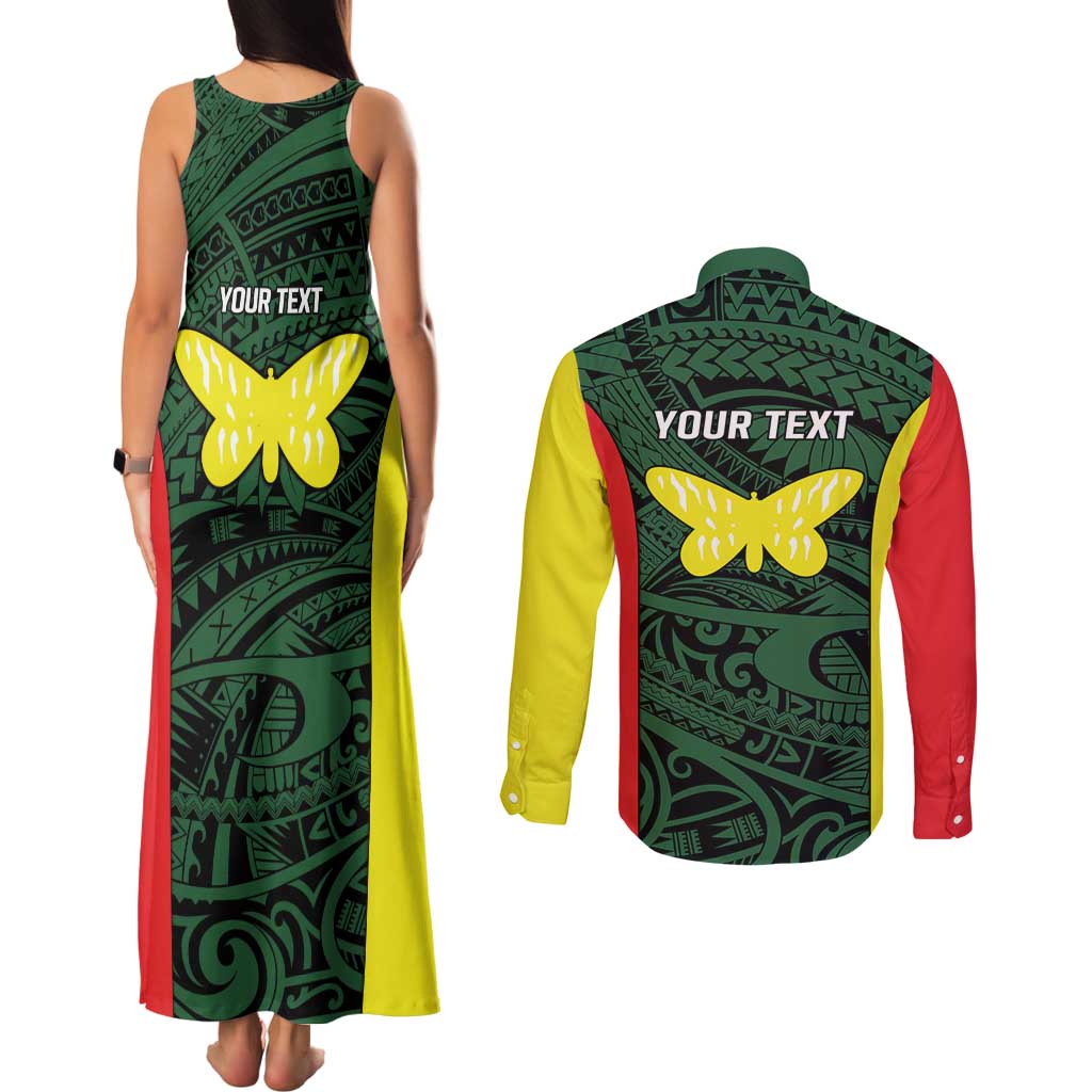 Personalised PNG Oro Province Couples Matching Tank Maxi Dress and Long Sleeve Button Shirt Bird of Paradise Tattoo Flag Motif - Polynesian Pride