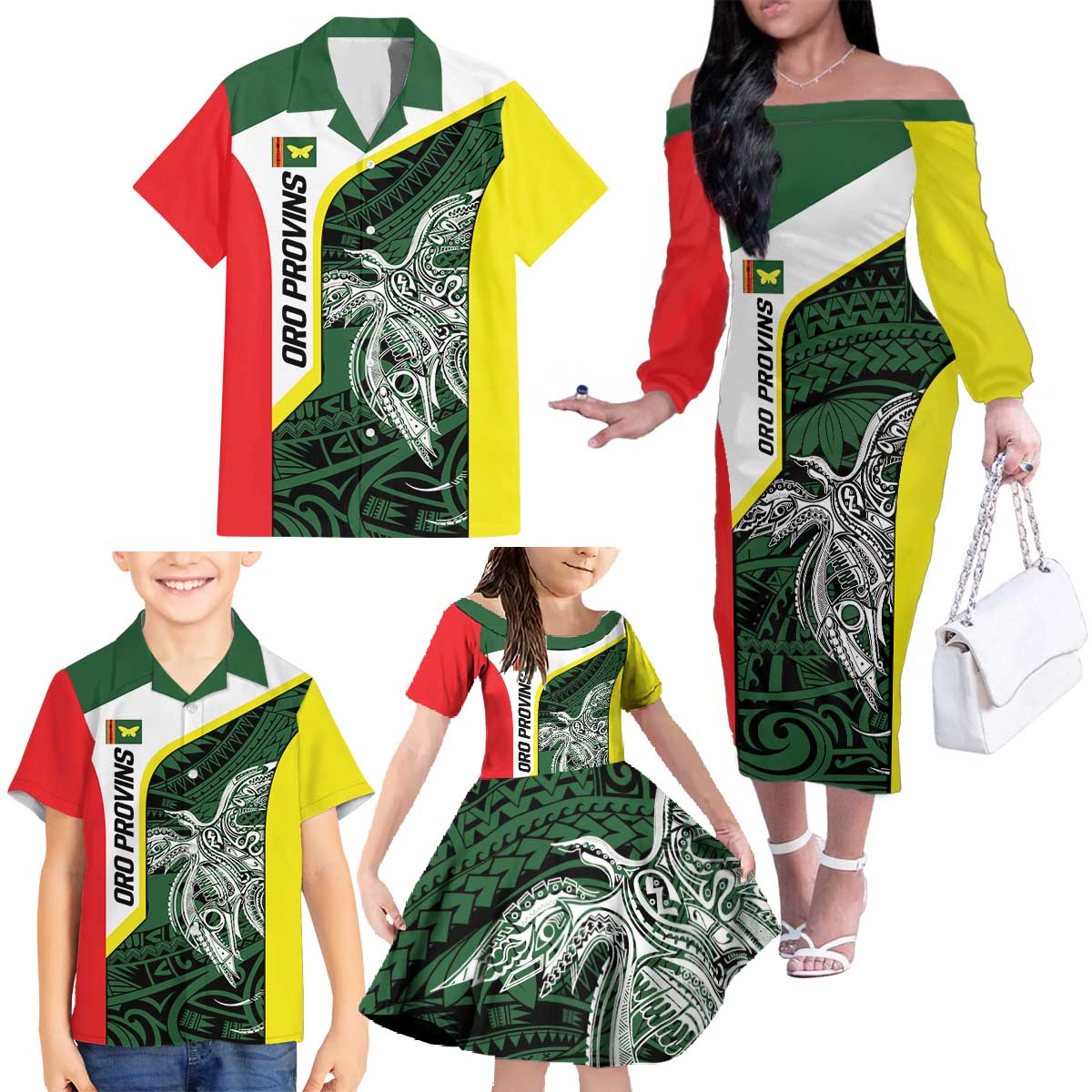Personalised PNG Oro Province Family Matching Off The Shoulder Long Sleeve Dress and Hawaiian Shirt Bird of Paradise Tattoo Flag Motif - Polynesian Pride