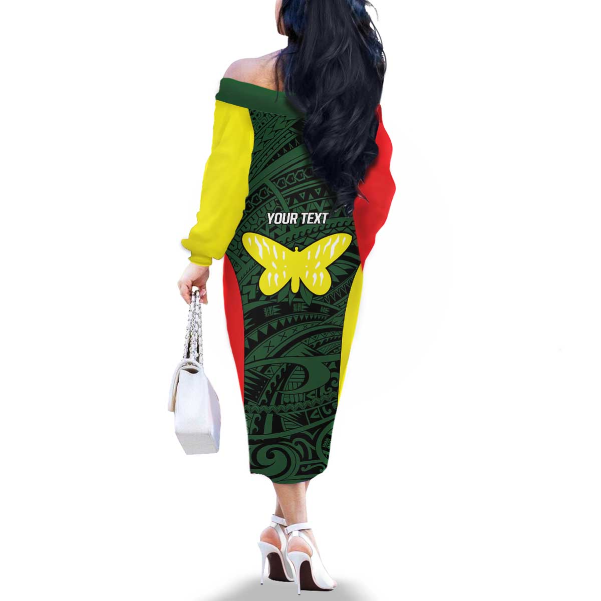 Personalised PNG Oro Province Family Matching Off The Shoulder Long Sleeve Dress and Hawaiian Shirt Bird of Paradise Tattoo Flag Motif - Polynesian Pride