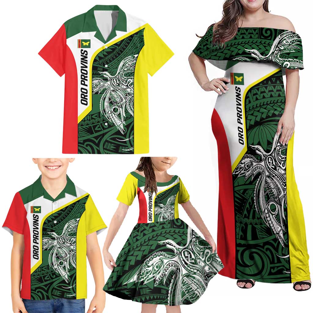 Personalised PNG Oro Province Family Matching Off Shoulder Maxi Dress and Hawaiian Shirt Bird of Paradise Tattoo Flag Motif - Polynesian Pride